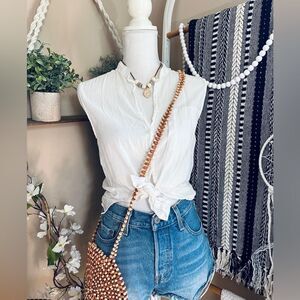 Burning Torch Bohemian White Button Down Sleeveless Oversized Pocket Blouse
